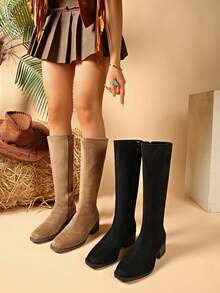 Women's New Autumn/Winter Fashion Knee-High Boots With Side Zipper, Soft Elastic Material, Leg-Flattering Western Style, Chunky Heel, Square Toe, Comfortable Classic Boots For Holiday Parties And Outdoor - Black - View 5