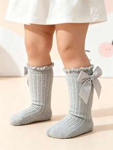 4雙女童幼兒純棉蝴蝶結素色高筒長襪 校園風長襪 - 彩色 - 查看 5