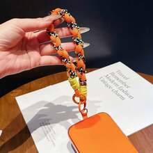 Handmade Woven Cotton Rope Unique Niche Beaded Girls' Portable Small Pendant Chain Bag Charm Creative Versatile Thick Keyring Contrast Color Lanyard Short Wrist Strap Anti-Drop Phone Rope Phone Chain - Multicolor - View 3