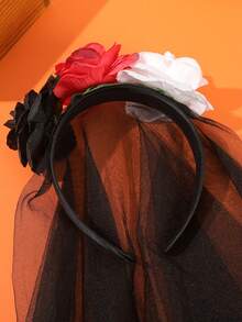 1pc Halloween Artificial Flower Black Mesh Headband, Holiday Ghost Bride Costume Headpiece, Party Cosplay Hair Accessory - Multicolor - View 10