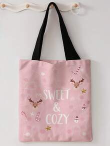 1pc Random Christmas Print Canvas Tote Bag, Large Capacity Hand‑Held Shoulder Bag,Reusable Shopping Bag For Music Festival Party Daily Packing Books - Pink - View 2