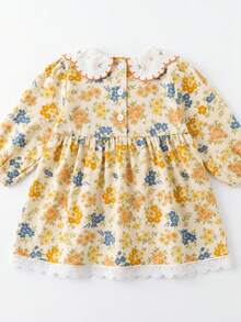 Girls' Spring/Autumn New Ditsy Floral Dress, Yellow & Blue Embroidered Peter Pan Collar Lace Trim Long Sleeve Princess Dress - Yellow - View 3