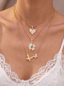 3pcs Niche Luxury Multi-Layer Stackable Heart Clover Butterfly Pendant Necklace, Exquisite Atmosphere, Suitable For Women's Daily, Party And Holiday Wear, Beautiful Jewelry Gift For Women - Necklace Set - View 3