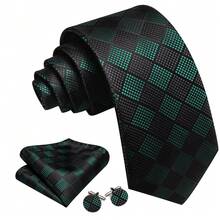 5Pcs Men Dark Green Small Check Tie Pocket Square Cufflinks Ring Tie Clip Set, Random Cufflink Pattern, Suit Accessories For Wedding - Dark Green - View 5