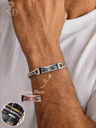1 pezzo Braccialetto personalizzato con foto di coppia, catena in acciaio inossidabile con foto incisa al laser, gioiello con foto incisa regalo per il fidanzato, regalo per anniversario/San Valentino, argento, casual, per compleanni, regalo personalizzato, regalo per lui, braccialetto con proiezione