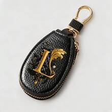 Litchi Pattern Key Bag -Black Gold Letters A-Z Car Key Protection Cover,PU Key Storage Clip,Zipper Bag,Car Key Storage Device,Car Keychain,Unisex Gift - Multicolor - View 16