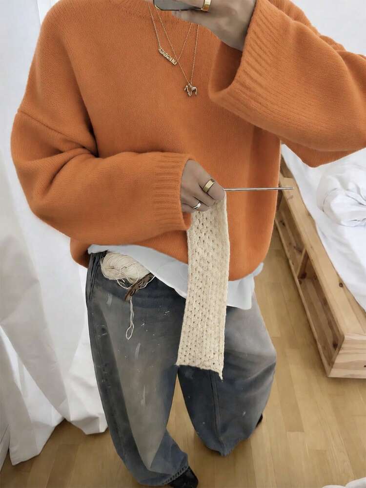 VIBEWAVE Halloween Light Gray American Vintage Casual Home Crew Neck Sweater Autumn/Winter Slouchy Dropped Shoulder Loose Wide Sleeve Premium Knit Top - Orange - View 1