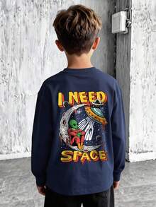 Tween Boys Long Sleeve Tee, I Need Space Alien UFO Moon Back Graphic Print, Fall Winter Casual Daily Tops - Navy Blue - View 1
