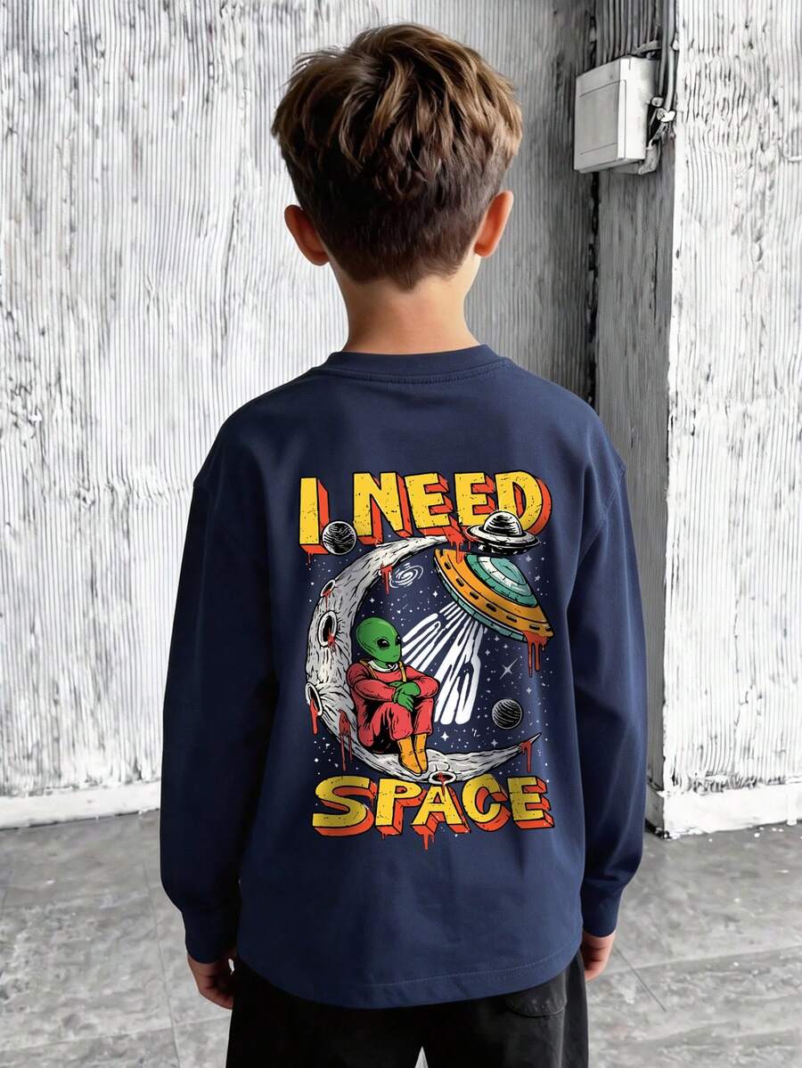 Tween Boys Long Sleeve Tee, I Need Space Alien UFO Moon Back Graphic Print, Fall Winter Casual Daily Tops - Navy Blue - View 1