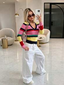 MORI Fall Winter Y2K Elegant Casual Rainbow Color Block Striped V Neck Ribbed Knit Pullover Sweater Tops Women Going Out Party Vacation Outfits - Multicolor - View 1