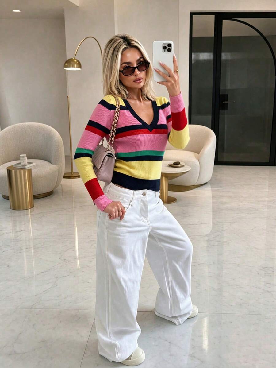 MORI Fall Winter Y2K Elegant Casual Rainbow Color Block Striped V Neck Ribbed Knit Pullover Sweater Tops Women Going Out Party Vacation Outfits - Multicolor - View 1