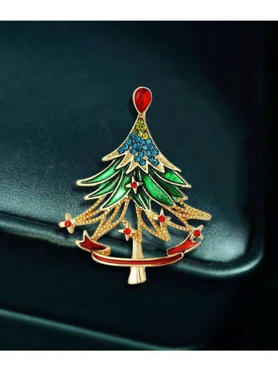 1pc Rhinestone Christmas Tree Brooch, Gold Enamel Red Ribbon Women's Collar Pin, Suitable For Christmas Party, Suit, Coat, Scarf, Bag Decoration And Holiday Gift - Multicolor - View 1