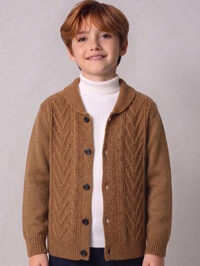 Boys' College Style Solid Color Cable Knit Cardigan Sweater With Turn-Down Collar And Raglan Sleeves, Suitable For School, Daily Casual Wear In Spring, Autumn And Winter