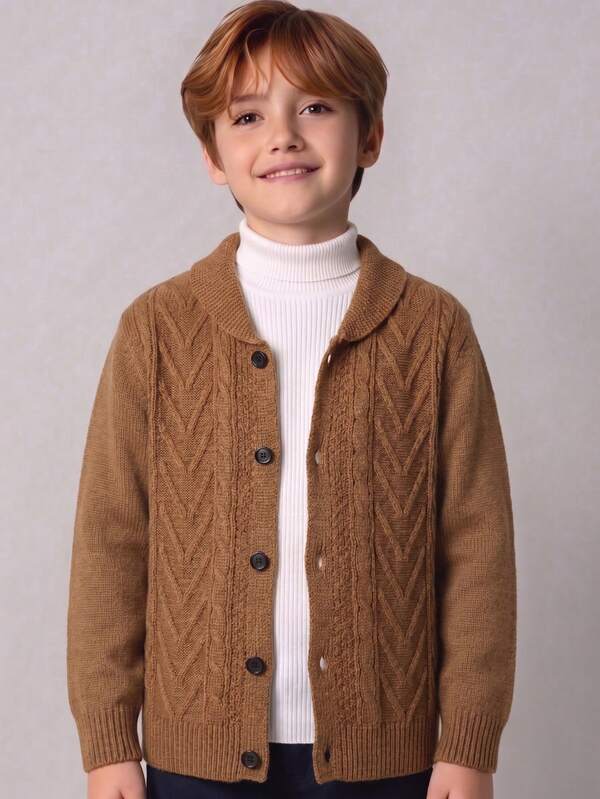 Boys' College Style Solid Color Cable Knit Cardigan Sweater With Turn-Down Collar And Raglan Sleeves, Suitable For School, Daily Casual Wear In Spring, Autumn And Winter