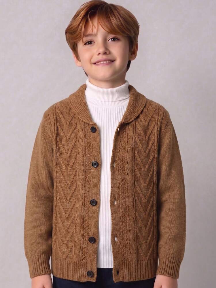 Boys' College Style Solid Color Cable Knit Cardigan Sweater With Turn-Down Collar And Raglan Sleeves, Suitable For School, Daily Casual Wear In Spring, Autumn And Winter - Brown - View 1
