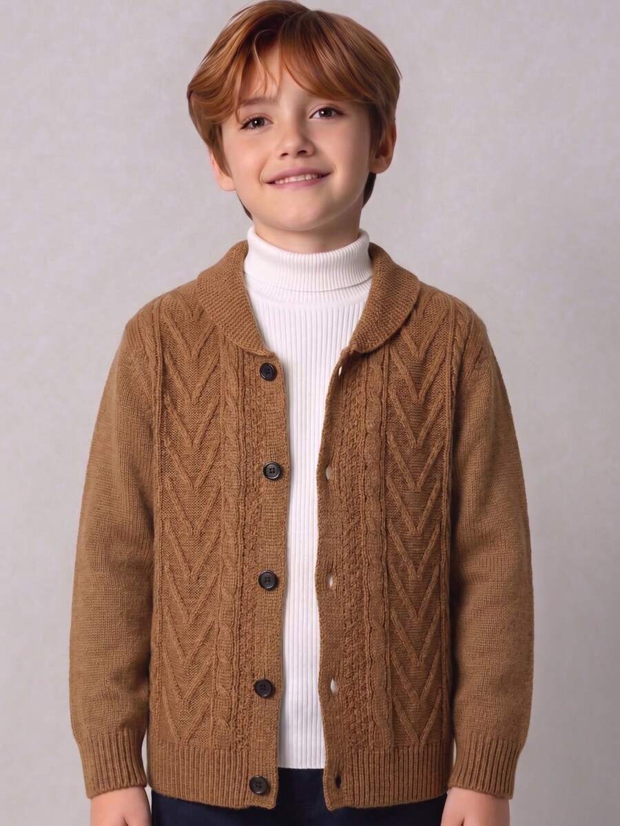 Boys' College Style Solid Color Cable Knit Cardigan Sweater With Turn-Down Collar And Raglan Sleeves, Suitable For School, Daily Casual Wear In Spring, Autumn And Winter - Brown - View 1