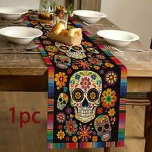 1pc Floral Sugar Skull Mexican Day Of The Dead Table Runner, Halloween Table Runner, Day Of The Dead Kitchen Dining Table Decor, Home Party Decoration - Multicolor - View 9