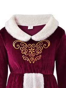 Vihyde Tween Girls Christmas New Arrival 2 Pieces Outfit, Luxe Velvet Faux Fur Trim Gold Embroidery Midi Dress With Christmas Hat Set - Burgundy - View 5