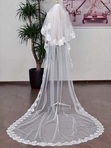 White Fashion Wedding Dress Party Hair Comb Long Lace Train Veil - White - View 1