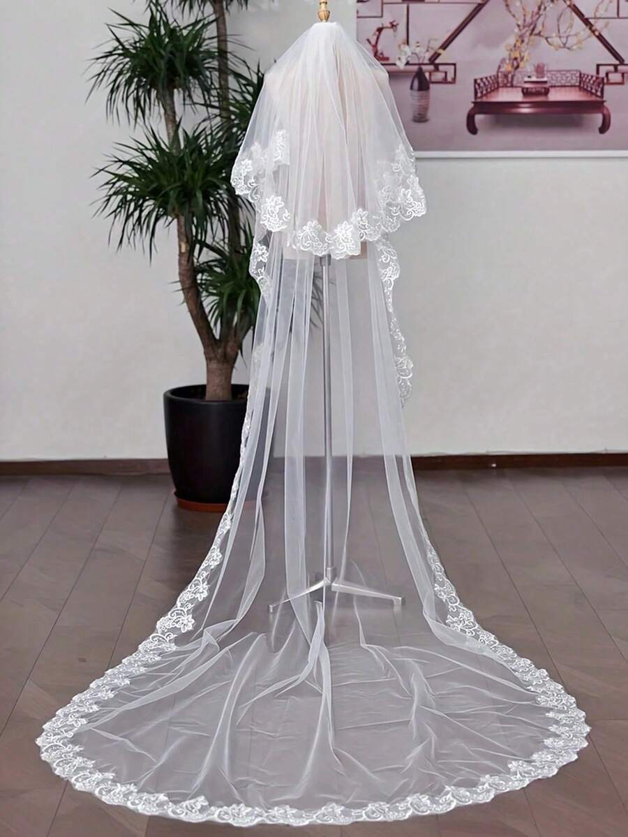 White Fashion Wedding Dress Party Hair Comb Long Lace Train Veil - White - View 1