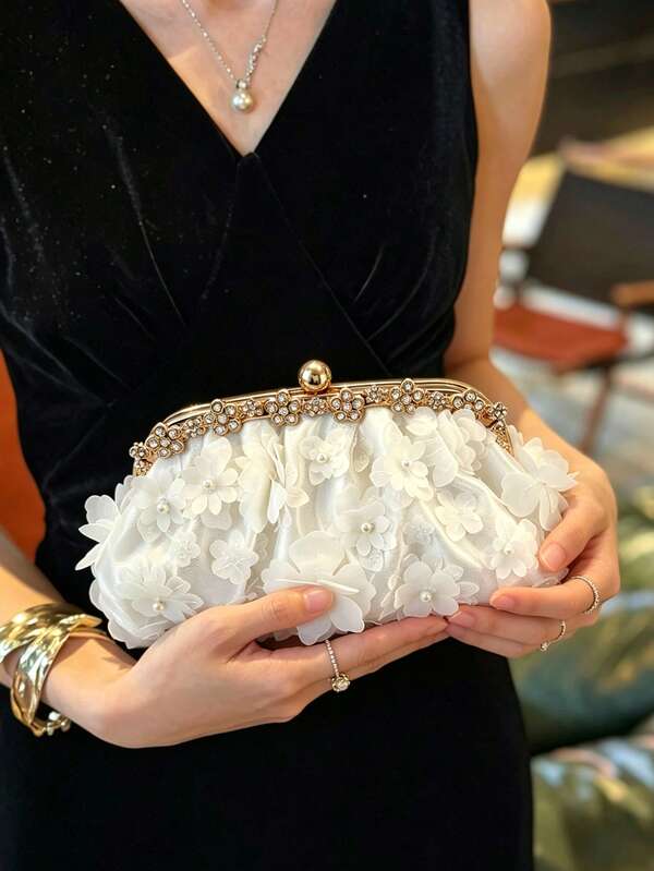 Bridal White Evening Clutch Bag, 3D Floral Pearl Rhinestone Metal Frame Small Bag, Elegant Pleated Shoulder Crossbody Bag With Detachable Chain, Suitable For Parties, Weddings, Balls, And Various Ceremonies