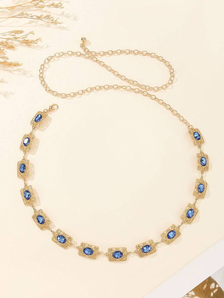 1 pieza Cadena de cintura vintage con strass azul y dorado - Dorado - Ver 1
