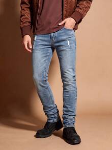 Men's Distressed Slim Fit Tapered Jeans, Vintage Blue Wash With Light Ripped Design, Cat Whisker Faded Distressed Vibe Style, Casual Versatile Stretch Denim Pants - Blue - View 1