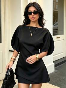 DEEKA Summer New Arrival Women's Fashion Versatile Petal Sleeve Black Graduation Top - Black - View 2