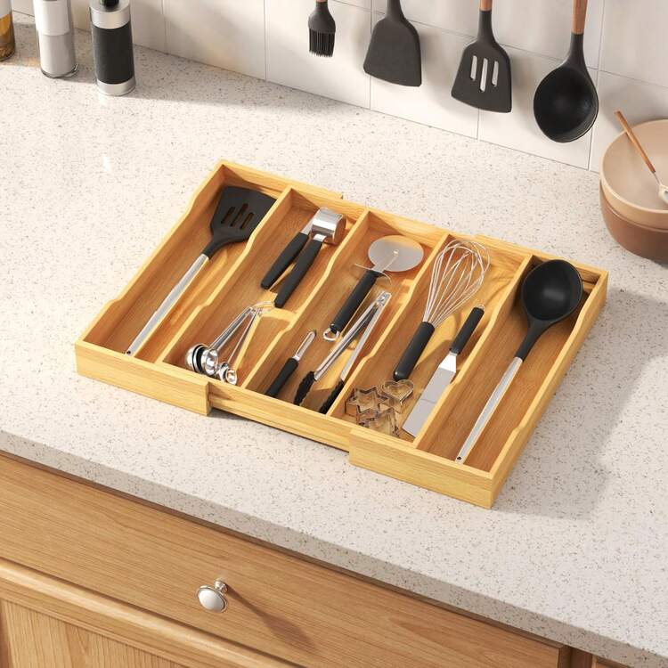 Expandable Bamboo Drawer Organizer With Dividers, Adjustable Kitchen Drawer Organizer For Large Cooking Utensils Cutlery, Kitchen Drawer Organization - View 2
