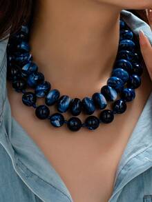 OABE 2pcs/Set Bohemian Style Navy Blue Beaded Layered Necklace Set Suitable For Women's Daily Wear - Blue - View 2