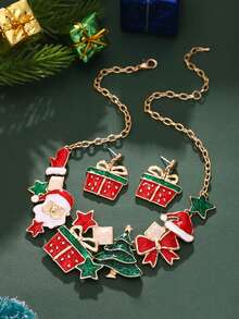 Cring Coco 2PCS/SET Fashion Classic Enamel Christmas Jewelry Set For Woman Accessories Santa Claus Christmas Tree Necklace And Earrings Set Daily Party Prom Gift - Christmas - View 7