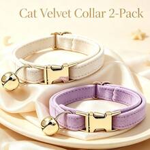 2pcs Cream + Lavender Soft Velvet Cat Collar, With Gold Bell Metal Buckle, Adjustable Size Comfortable Wear, Suitable For Cats And Small Dogs Pet Neck Collar Accessories, Valentine's Day, Easter - Cream White & Lilac - View 3