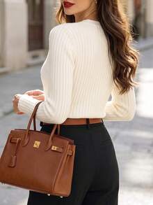 DONICY Women's Cream V Neck Vintage Gold Button Ribbed Slim Cropped Knit Sweater Cardigan, Stretchy Fitted Layering Jacket For Spring Fall Daily Wear - Apricot - View 2