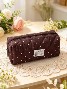 1pc Cute Polka‑Dot Quilted Makeup Pouch Soft Fabric Zipper Pen Case Portable Multi‑Purpose Storage Bag For Daily Use Cosmetics & Brushes Organization - Multicolor - View 10