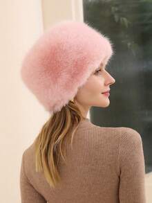 1PC Solid Color Elegant Casual Polyester Faux Fox Fur Round Top Flat Top Bucket Hat For Women, Warm, Versatile, Face-Slimming, Winter - Multicolor - View 6