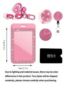 Shiny ID Card Holder With Lanyard And Matching Pendant, ID Card Storage Box, Anti-Loss Lanyard, Student ID Card Holder, Self-Service Restaurant Card Holder, Sliding Cover, Dual Card Slots, Small Card Slot, Bus Card Holder, Non-Inductive, Bank Card Holder, Metro Card Storage, Adjustable Portable ID Card Holder Decorative Keychain, Suitable For Office Workers And Students, Perfect Gift, Back To School Gift, Couple Card Holder, Bank Card Holder, Travel Essential - Multicolor - View 8
