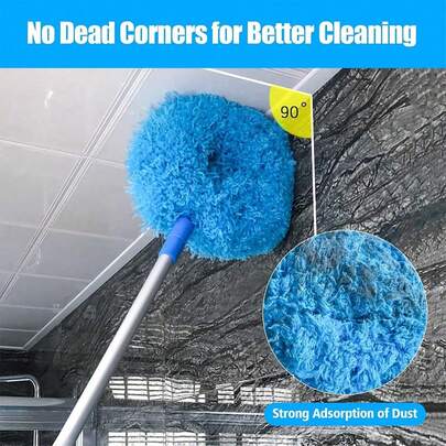 Plumero retráctil de microfibra azul con mango largo extensible, cepillo para polvo con cabezal lavable para limpieza de muebles, techo y esquinas del hogar