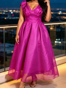 Elegant Women Fuchsia A Line Maxi Dress Deep V Neck Shoulder Bow Pleated Waist Formal Wedding Guest Evening Gown - Rose Red - View 7
