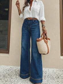 Jeans acampanados para mujer con bolsillos y botones, casuales y versátiles para uso diario, primavera y otoño - Azul oscuro - Ver 3