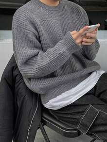 Men's Autumn/Winter Basic Solid Color Casual Fitted Lightweight Sheer Polyester Pique Texture Niche Design Long Sleeve Drop Shoulder Crew Neck Pullover Sweater - Grey - View 2