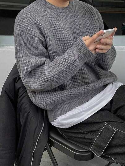 Suéter de punto de manga larga para hombre, diseño básico de unicolor, casual, ajustado, ligero, transparente, de poliéster con textura de piqué, diseño de nicho, hombros caídos, cuello redondo, para otoño/invierno
