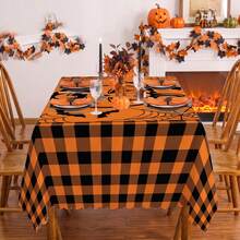 1pc Halloween Pumpkin Bat Spider Web Grid Print Rectangular Tablecloth, Suitable For Holiday, Party, Birthday, Dinner, Restaurant Table Decor, Halloween Home Autumn/Winter Decoration - Multicolor - View 2