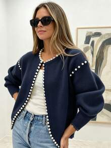 Solid Color Printed Pearl Beaded Decor Round Neck Puff Lantern Sleeve Ruffle Hem Knit Cardigan, Suitable For Dating, Daily Commute, Spring Vacation Gathering - Navy Blue - View 2