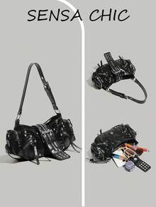 Pillow Bag Shoulder Crossbody Dual-Use Multi-Compartment Storage For Phone, Earphones, Cosmetics, Personal Items Zipper Closure Street Cool Dark Style Rivet Multi-Zipper Motorcycle Bag Cool Girl Outfit For Dating, Daily Outings, Crossbody Bag - Black - View 5