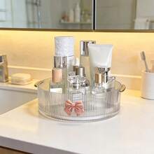 1pc 360° Rotating Transparent Cosmetic Storage Box + Bowknot Decoration/Multifunctional Cosmetic Storage Rack, Suitable For Skincare, Lipstick, Perfume, Jewelry, Etc., Perfect For Dorm And Bathroom Vanity - View 4