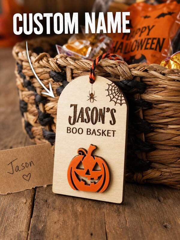 Individuelle Korb-Etiketten, hölzerne Kürbis-Laternen-Dekorationen, personalisierte Halloween-Namensschilder, Spinnennetz-Etiketten, Halloween-Hängeornamente, Halloween-Korb-Accessoires.