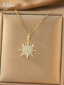 Hihho 1pc Bohemian 8-Pointed Star Necklace With Sparkling Zirconia Pendant, Layered Neck Chain For Women - Sun Star Radiance - View 5