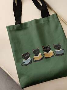 1pc Reading Black Cat Print Shoulder Tote,Large Capacity For Books,Groceries & Daily Beach Travel School Use.For Students, Great Daily Bag Or Gift - Multicolor - View 4