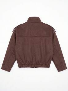 Vintage Women's Faux Suede Jacket, Solid Color Zipper Casual Outerwear - Brown - View 5