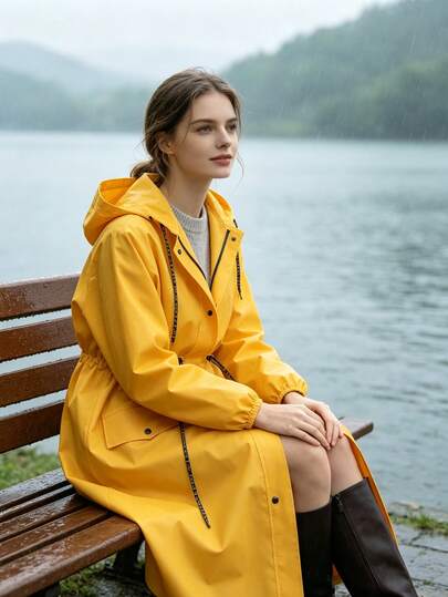 Women's Long Hooded Raincoat Outdoor Windproof Rain